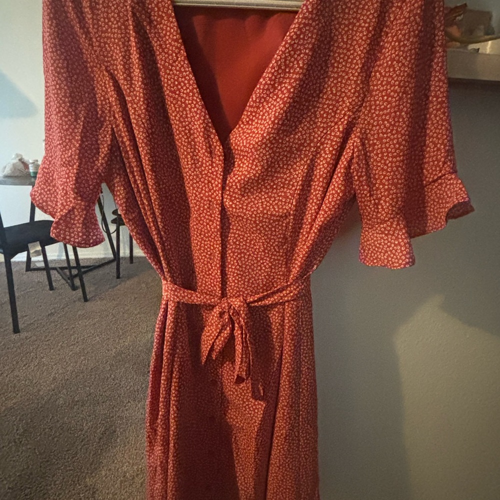 Lulu’s Rust Red Floral Wrap Dress with Tie Waist